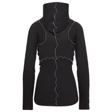 Load image into Gallery viewer, backshot of womens black and grey ribbed hoodie with built in mask