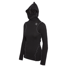 Load image into Gallery viewer, profile shot of womens black and grey ribbed hoodie with built in mask