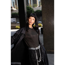 Load image into Gallery viewer, model wearing womens black brown emf short sleeve shirt
