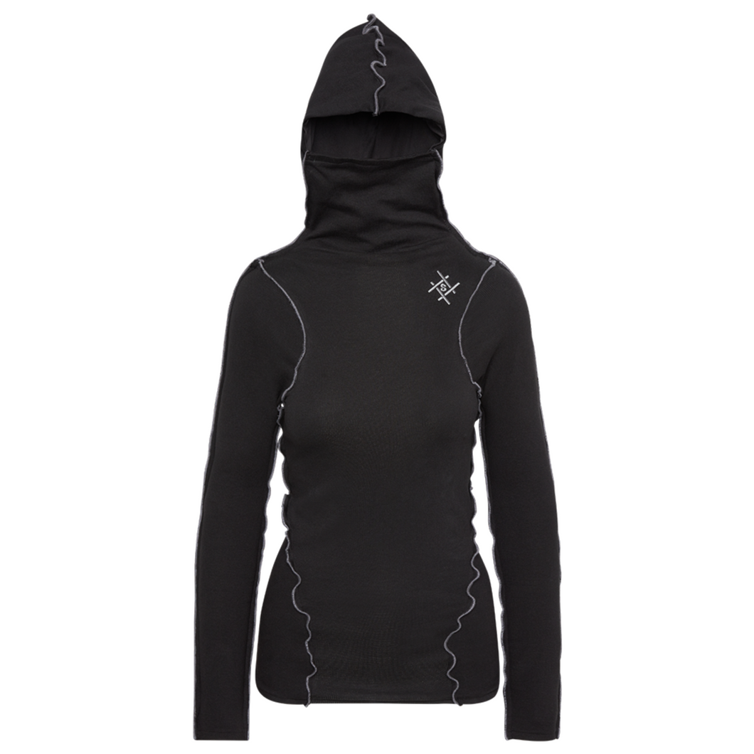 womens black and grey ribbed hoodie with built in mask