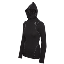 Load image into Gallery viewer, profile shot of womens black and grey ribbed hoodie with built in mask
